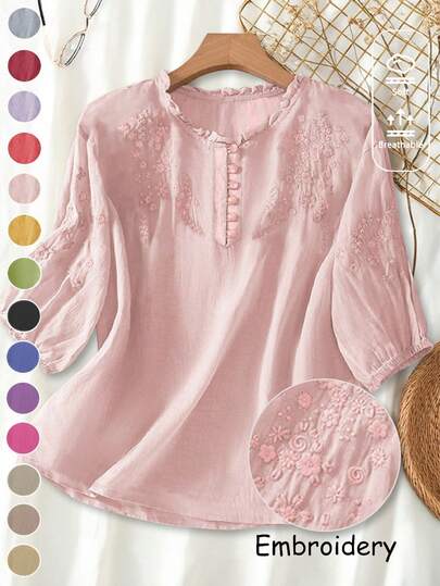Women Plus Size Casual Loose Viscose Embroidery Vintage Mid-Sleeve Blouse , Summer, Casual Country Style