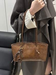 1pc Vintage Oiled Leather Handbag, Knotted Handle Design, Convertible Shoulder & Hand Carry, College Style, Multipurpose Commute & School Tote Bag (Slight Color Difference Between Actual Product And Image May Occur Due To Lighting And Angle During Photography) - Brown - View 3