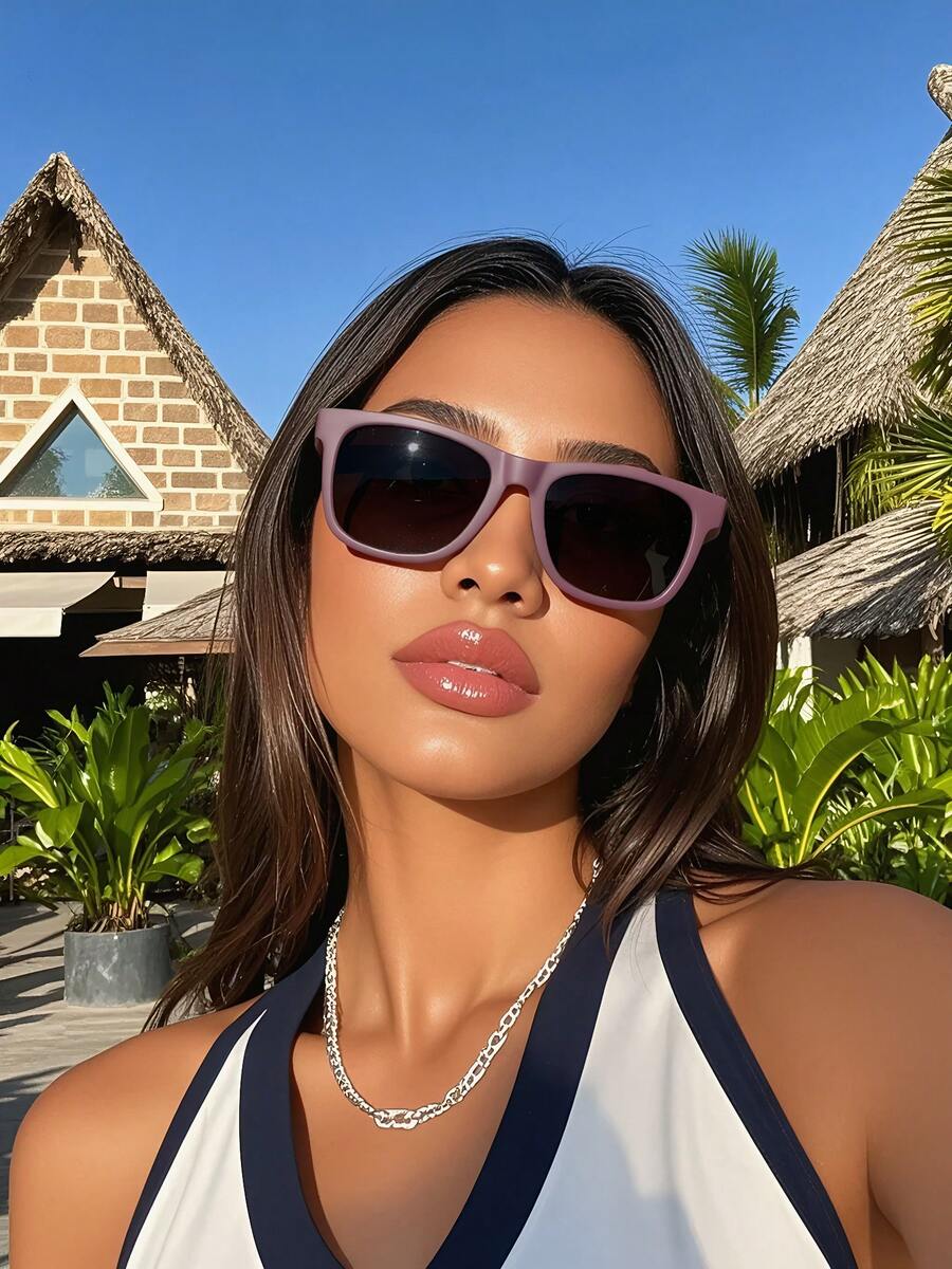 女士偏光长方形紫色时尚眼镜 - 男女通用塑料镜框太阳镜，经典装饰太阳镜，UV400 防晒，适合驾驶、海滩度假和日常佩戴 - 紫色 - 查看 1