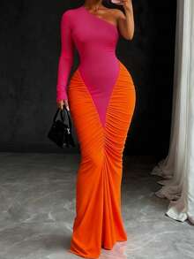 Magic Mia Women's One Shoulder Color Block Maxi Dress - Ruched Bodycon With Long Sleeve Slim Fit | Elegant Prom Dress For Night Out And Formal Events - 紫紅色 - 查看 1