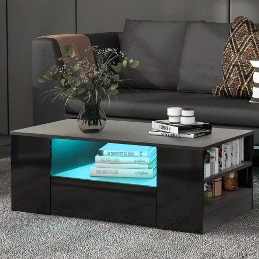 Modern High-Gloss Coffee Table, Living Room Furniture With 2 Drawers And 2 Shelves, Sofa Coffee Table, Side Table (95 X 53 X 37cm) - Black - View 1