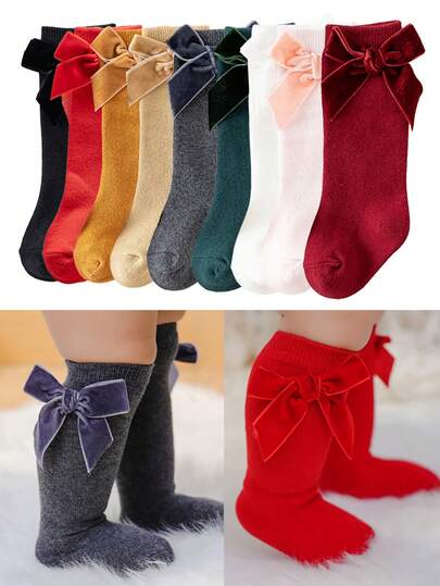 1双/2双圣诞红色袜子，新款女童蝴蝶结中筒袜，西班牙天鹅绒大蝴蝶结过膝袜，深红色公主袜，适合作为圣诞礼物和秋冬季穿着