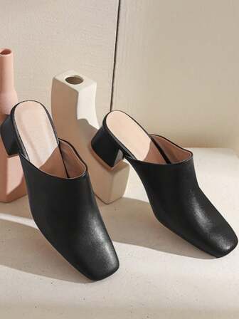 Women's Square Toe Chunky Heel Slide Sandals, Solid Color Closed Toe Thick Heel Slippers