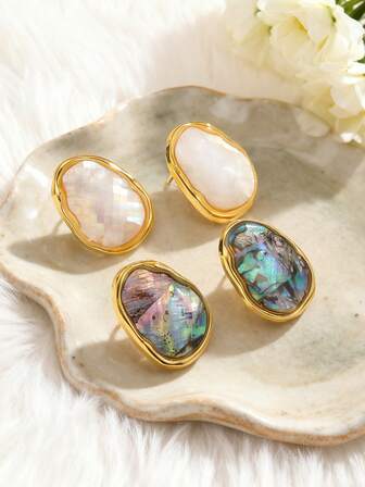 1对优雅复古不规则18K镀金耳钉，女士高品质不锈钢白色贝壳鲍鱼壳日常珠宝配饰生日节日礼物