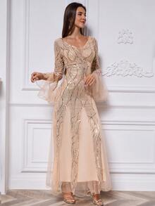 女士V领亮片撞色网纱优雅收腰喇叭长袖长款正式晚礼服、派对礼服、婚礼宾客礼服 - 金色 - 查看 4