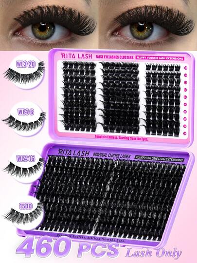 RITALASH 460pcs D Curl 4 Styles 10-24mm Mixed Length Volume Cluster Lashes, Slender & Dense, Soft And Comfortable, Long-Lasting, For Daily Life Individual False Cluster  DIY Book Eyelashes For Beginners