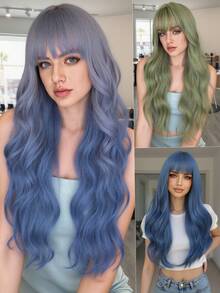 1 件浅蓝色 26 英寸耐热纤维长款自然波浪卷合成假发，带刘海，适合女性、女孩参加派对和日常佩戴 - 彩色 - 查看 1