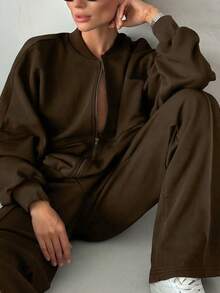 Women's Stand Collar Ribbed Sweatshirt Set, Loose Casual Style, Comfortable And Practical - Brown - View 5