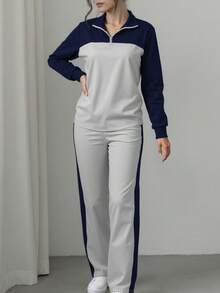 女士休闲套装，宽松翻领上衣搭配阔腿裤两件套，秋冬款 - 深空灰 - 查看 4