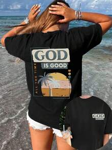 Plus Size Damska Wiosna/Lato Nadruk Kokosa Nadruk Litery Swobodny Prosty Plażowy Luźny Wygodny Streetwear Codzienny Okrągły Dekolt Krótki Rękaw Plus Size T-shirt Topy Koszulki z Grafiką Damskie - Czarne - Zobacz 1