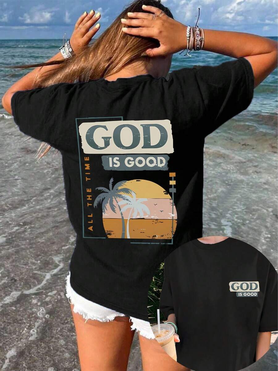 Plus Size Damska Wiosna/Lato Nadruk Kokosa Nadruk Litery Swobodny Prosty Plażowy Luźny Wygodny Streetwear Codzienny Okrągły Dekolt Krótki Rękaw Plus Size T-shirt Topy Koszulki z Grafiką Damskie - Czarne - Zobacz 1