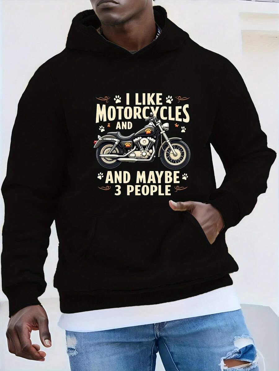 sweat-shirt à capuche oversize pour hommes avec imprimé moto et patte de chien - Coupe ample et décontractée, manches longues, polyester non extensible, motif géométrique, sweat-shirt à capuche décontracté, GRANDE TAILLE - Noir - Voir 1