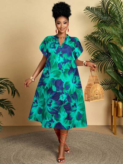 BIUBIU Plus Size Women's Casual Geometric Print V-Neck Ruffle Sleeve Loose Mid-Length Dress, Suitable For Daily, Vacation (Pattern Random)