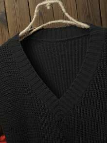 Gilet tricoté ample et confortable à col V pour femmes grandes tailles - Noir - Voir 3