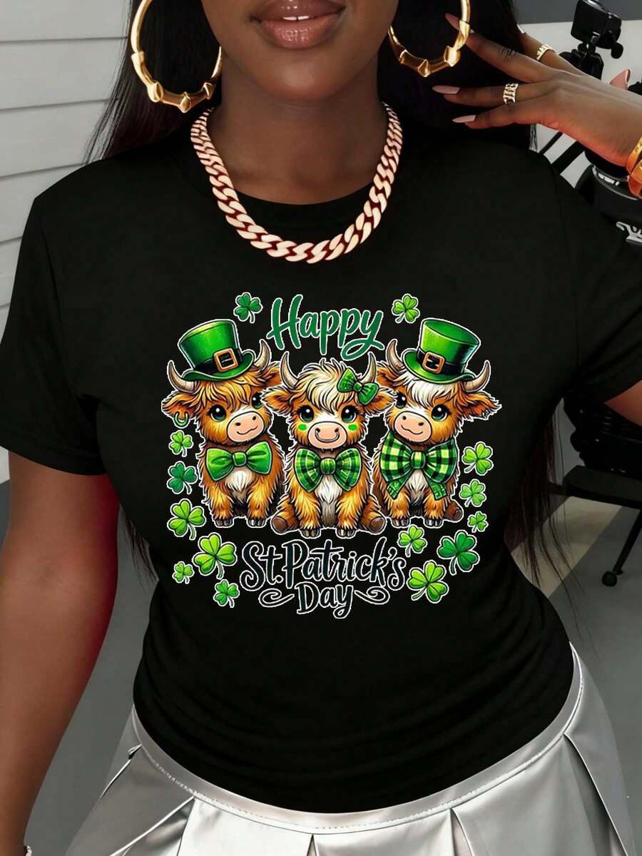 St Patrick's Day T Shirt With Cute Cows Wearing Green Hats And Bow Ties Happy St Patricks Day Print For Fest Celebration - màu đen - Xem 1