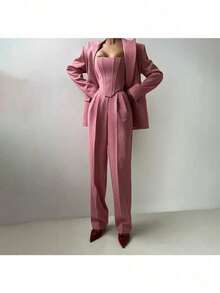 Autumn And Winter Fish Bone Fashion Waist Versatile Long Jacket Women's Vest Pants Three-Piece Suit Suit Long-Sleeved Women's Clothing - 粉色 - 查看 2