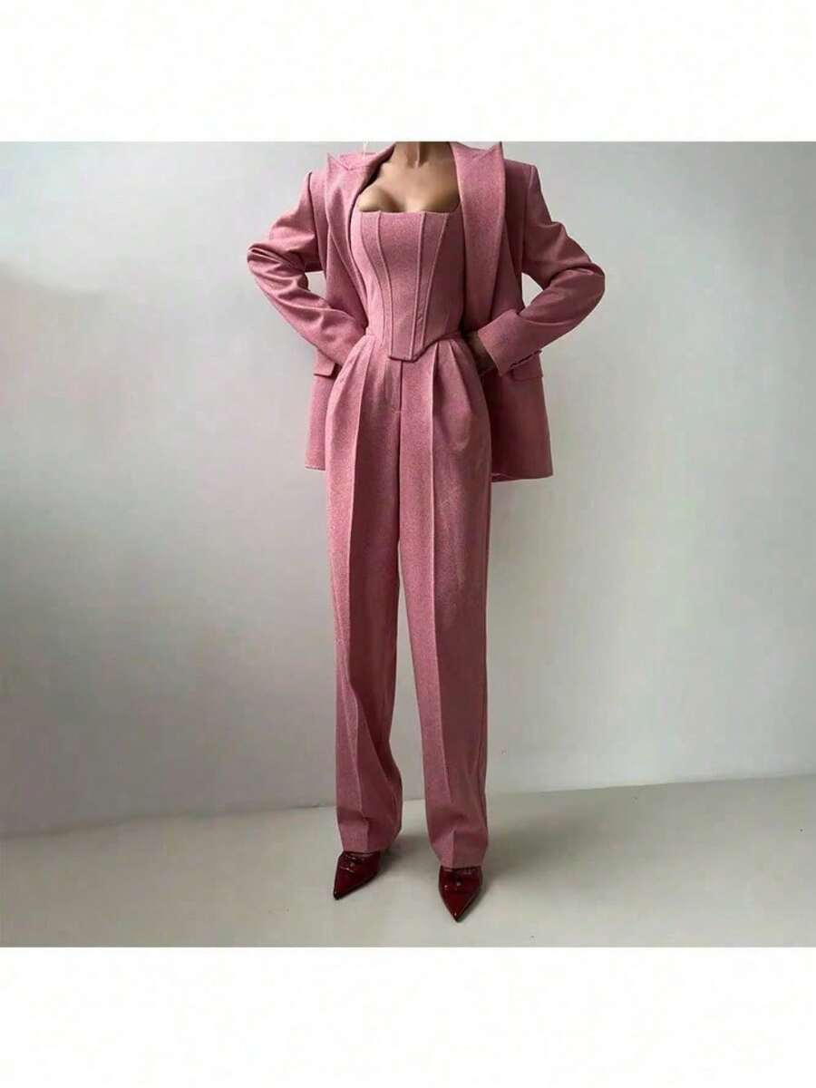 Autumn And Winter Fish Bone Fashion Waist Versatile Long Jacket Women's Vest Pants Three-Piece Suit Suit Long-Sleeved Women's Clothing - Hồng - Xem 1
