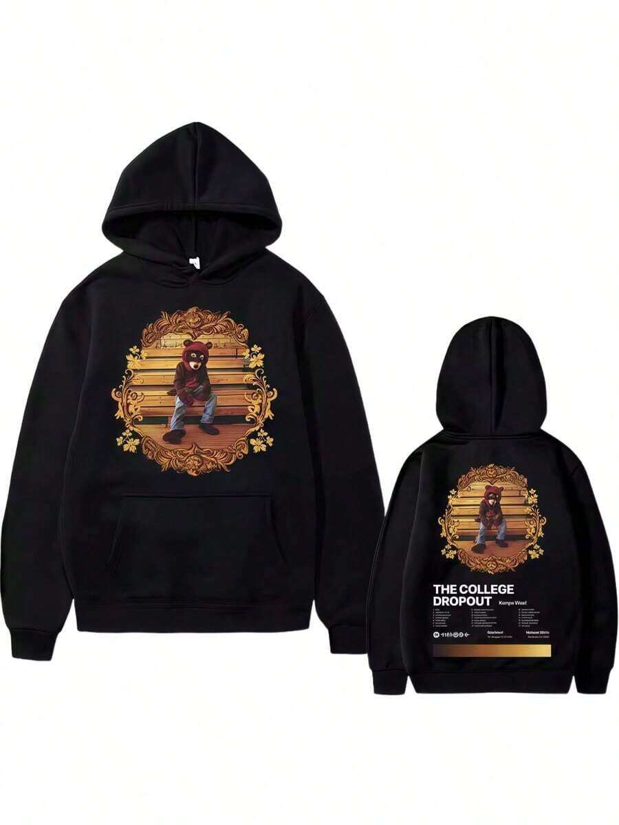 Rapper Kanyess Westss The College Dropout Hip Hop Music Album Graphics Hoodie Men Casual Oversized Sweatshirt Men's Black Streetwear - 黑色 - 查看 1