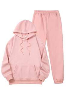 Black Slogan Hooded Sweatshirt Set! Personalized Print+Hooded Design, Easy To Go Out And Stay At Home In Daily Life, A Set That Can Handle Lazy People's Fashion, And The Relaxed Attitude Is Directly Filled - 粉色 - 查看 2