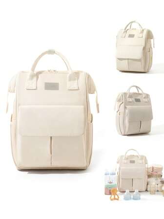 Diaper Bag Backpack, Baby Essentials Travel Tote Bag With Insulated Pockets And Stroller Straps, Unisex, Beige