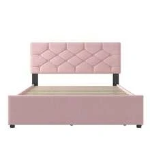 Upholstered Bed, 90x200cm, Bed With Slatted Base (Without Mattress), Bed With Storage Container, Velvet, Minimalist, Pink - Pink + Velvet + 140cm*200cm - View 8