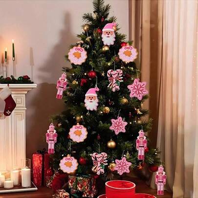 16 件粉色姜饼人圣诞树挂饰，圣诞装饰，圣诞树挂饰套装，适用于圣诞树装饰、圣诞派对、家居装饰、婚礼、商店橱窗、室内外装饰