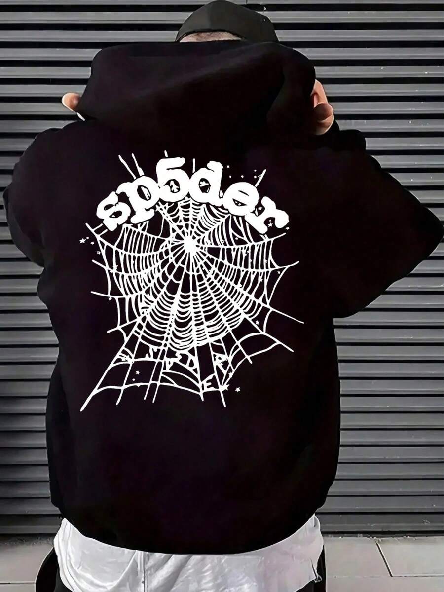 SP5DER Men's Loose And Thick Hoodie, Printed Long-Sleeve Hooded Sweatshirt, Street Style, An Ideal New Year & Christmas Gift For Friends, Husbands, And Boyfriends, Fall/Winter Style - 男士黑色 - 查看 1