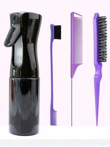 4pcs Spray Bottle And Hairbrush Set, 1 Spray Bottle + 1 Pointy Tail Comb + 1 Eyebrow Brush + 1 Fluffy Comb, Hair Brush For Boys And Girls, Comb Brush For Wet And Dry Curls, Parting Brush, Brush For Coarse And Fine Hair Treatment, Makeup, Black Five Set, Christmas Set Back-To-School Season - 黑色 - 查看 5
