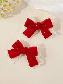 2pcs Girls' Red Rhinestone Lace Bow Cute Delicate Versatile Velvet Bow Hair Clips, Suitable For Valentine's Day, New Year Matching, Gift - Burgundy - View 5