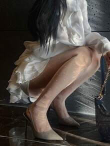 大码塑形连裤袜 - 柔软弹力纯色女士紧身裤，日常穿着 - 白色小波點 - 查看 1