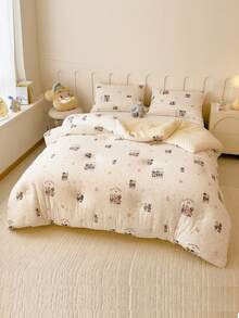 1pc Cartoon Print Knitted Fabric & Velvet Pom-Pom Comforter, Quilted Duvet, All Season Down Alternative Bedding, With Corner Ties, Warm & Soft Quilting Technique, Suitable For Bedroom, Guest Room