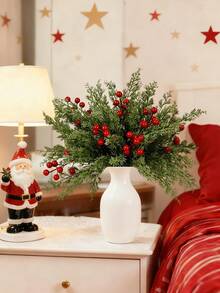 24pcs Christmas Artificial Pine Branches With Red Berry Stems, Faux Norfolk Pine Foliage Stems, DIY Wreath Home Decor, Artificial Winter Berry Plants, Suitable For Vases, Dining Tables, Holidays, Patios, Fireplaces, Weddings, Gardens, Farmhouse Style Room Decoration - Multicolor - View 10