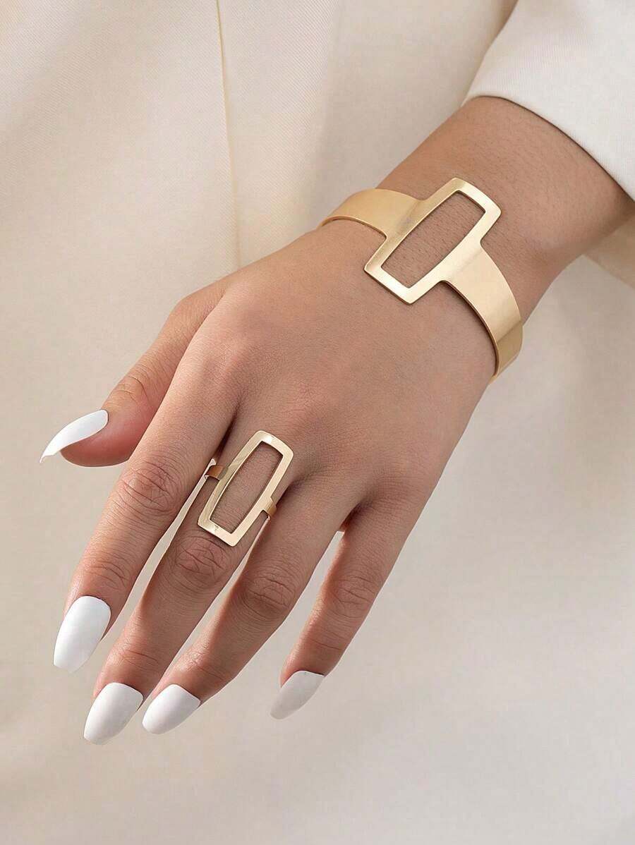 1 set Combinación de brazalete y anillo geométrico asimétrico dorado hueco y cuadrado, regalo de fiesta versátil y sencillo para mujeres - Oro amarillo - Ver 1