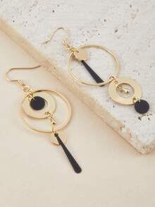 1 paire de boucles d'oreilles vintage bohème en métal bronze rond style steampunk, avec pendentif asymétrique noir blanc en tige, longues boucles d'oreilles pendantes pour femmes - boucle d'oreille - Voir 3