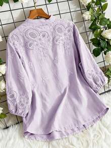 Women's Lightweight Semi-Sheer V-Neck Unstructured Embroidered Blouse, Spring/Summer - Mauve Purple - View 2