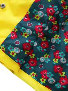 Young Girl Floral Print Waterproof Hooded Jacket + Pants 2-Piece Sportswear Set, Suitable For Outdoor