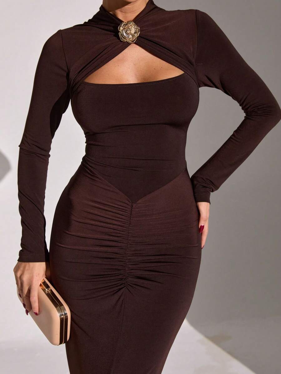 Chic Long Sleeve Bodycon Dress For Women Featuring Stand Collar Cut Out And Ruched Slit Hem Design - Brown - View 1