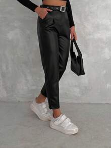Black PU Tapered Carrot Pants, Women's, With Pockets, Belt And Zipper, Medium Stretch, Long Length, Suitable For Casual Wear - Black - View 7