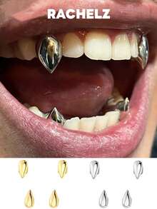 RACHELZ 4 CÁI/Bộ Nanh Ma Cà Rồng Bề Mặt Mịn Răng Niềng Răng Hip Hop Trên Dưới Răng Bóng Cho Nam Nữ Trang Sức Halloween Quà Tặng Giáng Sinh Cosplay Răng Niềng Răng - Vàng - Xem 1