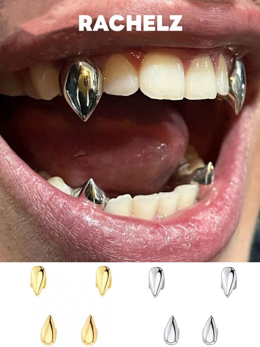 RACHELZ 4 CÁI/Bộ Nanh Ma Cà Rồng Bề Mặt Mịn Răng Niềng Răng Hip Hop Trên Dưới Răng Bóng Cho Nam Nữ Trang Sức Halloween Quà Tặng Giáng Sinh Cosplay Răng Niềng Răng - Vàng - Xem 1