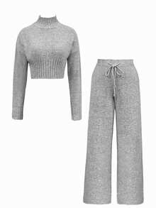 2 Stücke Damen Einfarbiger Wollpullover Set, Pullover und Hose, schicke Loungewear für Herbst/Winter