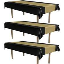 Beistle - Mantel a Rayas Negras y Doradas, 54 x 108 Pulgadas, 3 Piezas, Mantel de plástico, Mantel Rectangular, manteles para Fiestas, manteles de graduación, Decoraciones nocturnas de premios(Mantel negro y dorado, paquete de 3) - Multicolor - Ver 1