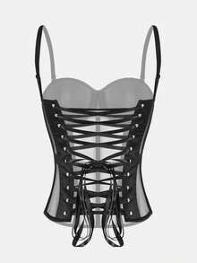 1pc Mesh Criss-Cross Strap Bustier Bodysuit With Cups - Black - View 2