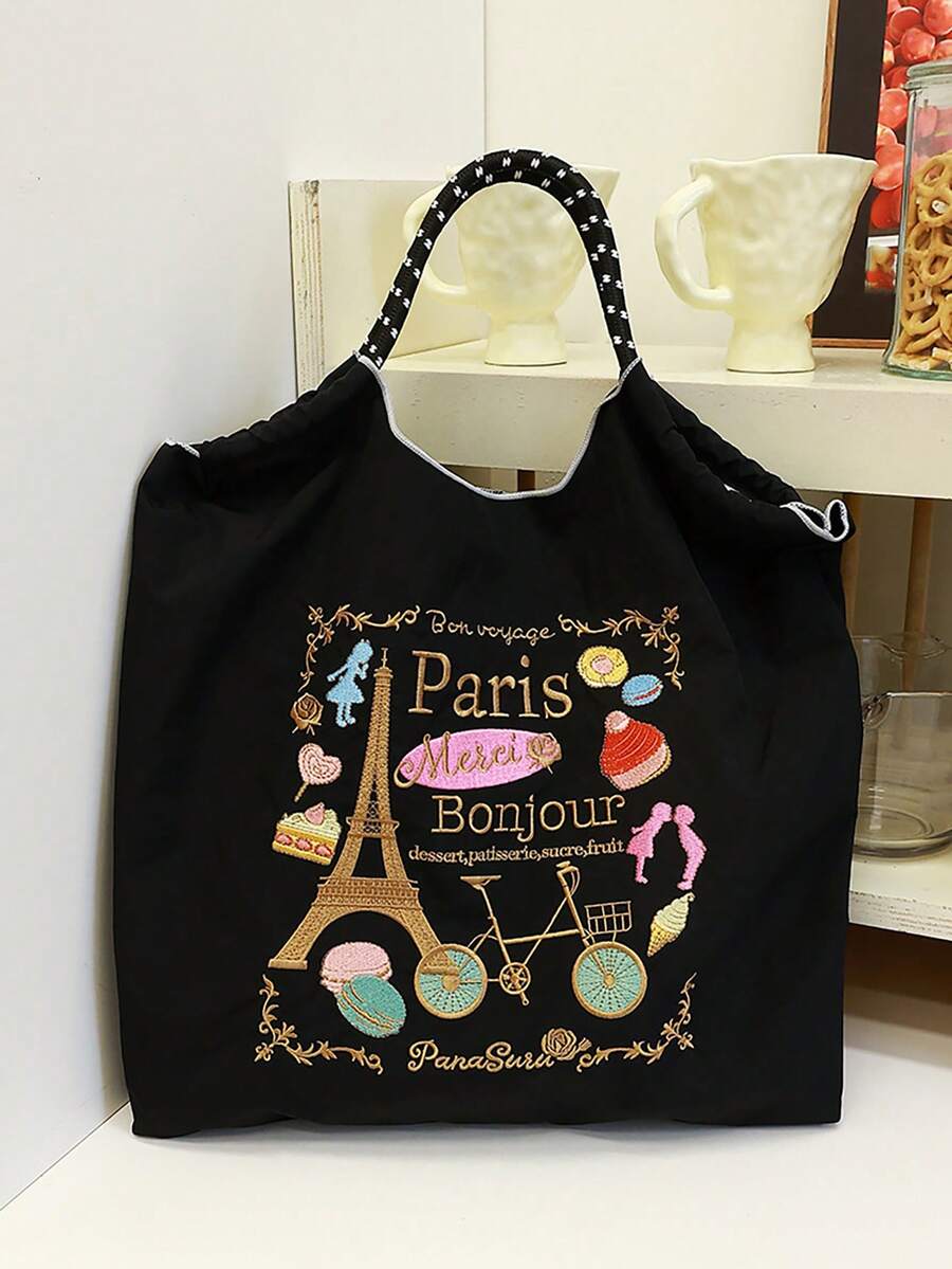 New Versatile Embroidered Eiffel Tower Pattern Foldable Shopping Bag Tote Bag Large Capacity Suitable For Commuting Shopping Beach Party Hand-Carried Or Shoulder-Carried - Multicolor - View 1