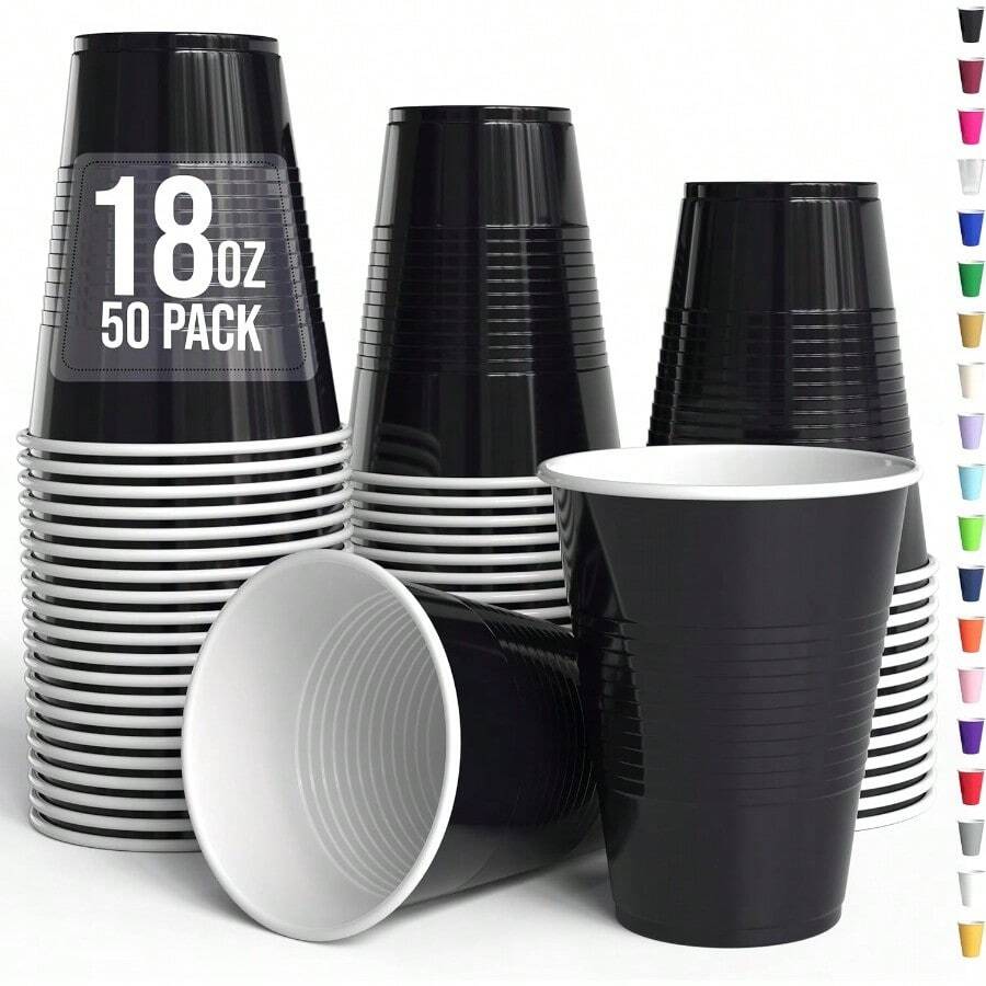 D18 Oz Black Plastic Cups For Party Plies 50 Pack Black Disposable Cups Plastic Disposable Drinkware For Parties Events And Everyday - 黑色 - 查看 1