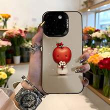 Cubierta de teléfono con diseño de manzana kawaii color beige con estampado de fruta sonriente y flores para uso diario en floristerías y eventos románticos Aplicable a los teléfonos de la serie Apple y Galaxy - Negro - Ver 1