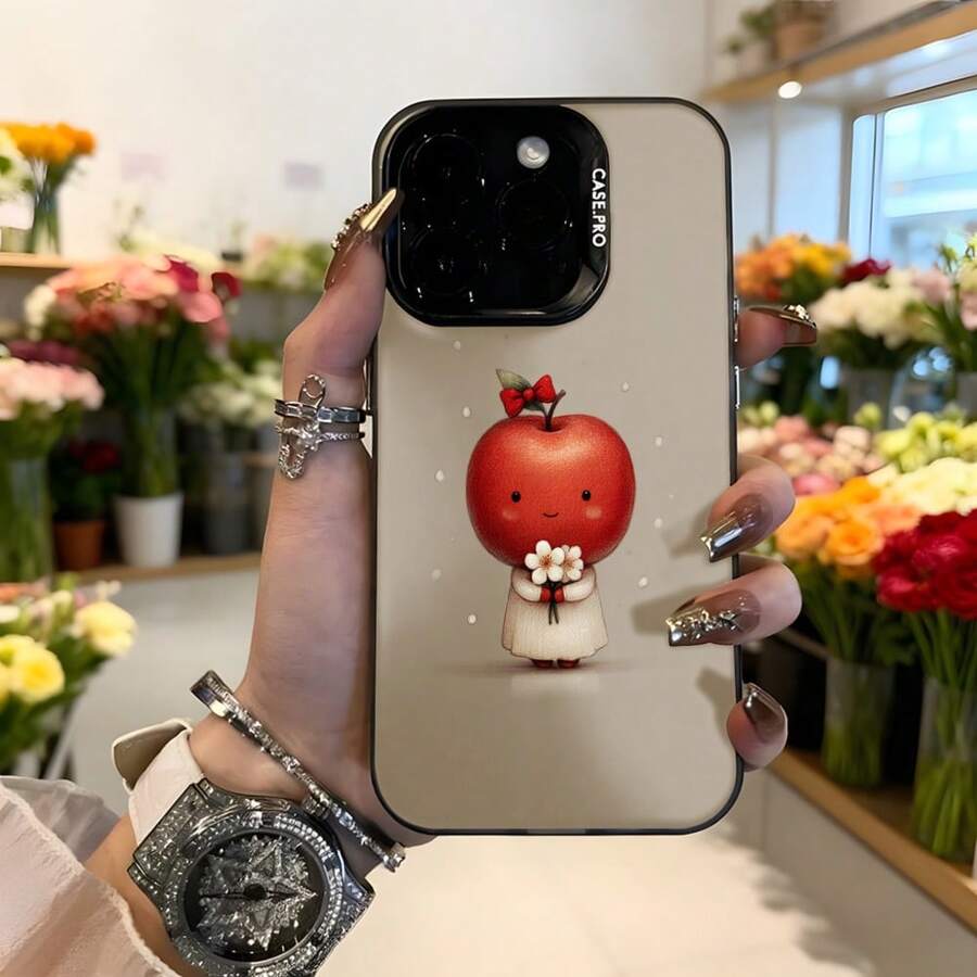 Cubierta de teléfono con diseño de manzana kawaii color beige con estampado de fruta sonriente y flores para uso diario en floristerías y eventos románticos Aplicable a los teléfonos de la serie Apple y Galaxy - Negro - Ver 1