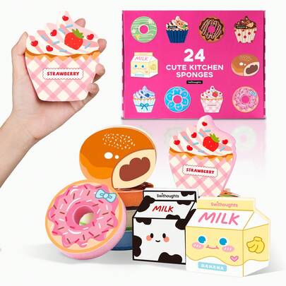 3/4/24个可爱卡通图案海绵清洁刷，清洁工具，适用于洗碗、洗澡和清洁桌面，是节日、新年和婚礼的完美礼物。
