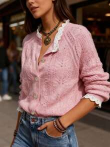 秋冬优雅时尚休闲舒适家居粉色蕾丝装饰金属纽扣长袖V领纹理针织开衫 - 粉色 - 查看 4
