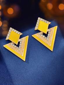 Rhinestone Geo Decor Earrings - Yellow - View 3
